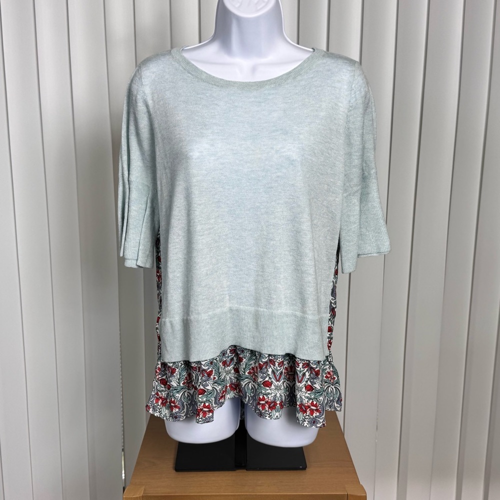 LOFT Layered Sweater Top Mint Green Floral Hem Size Small